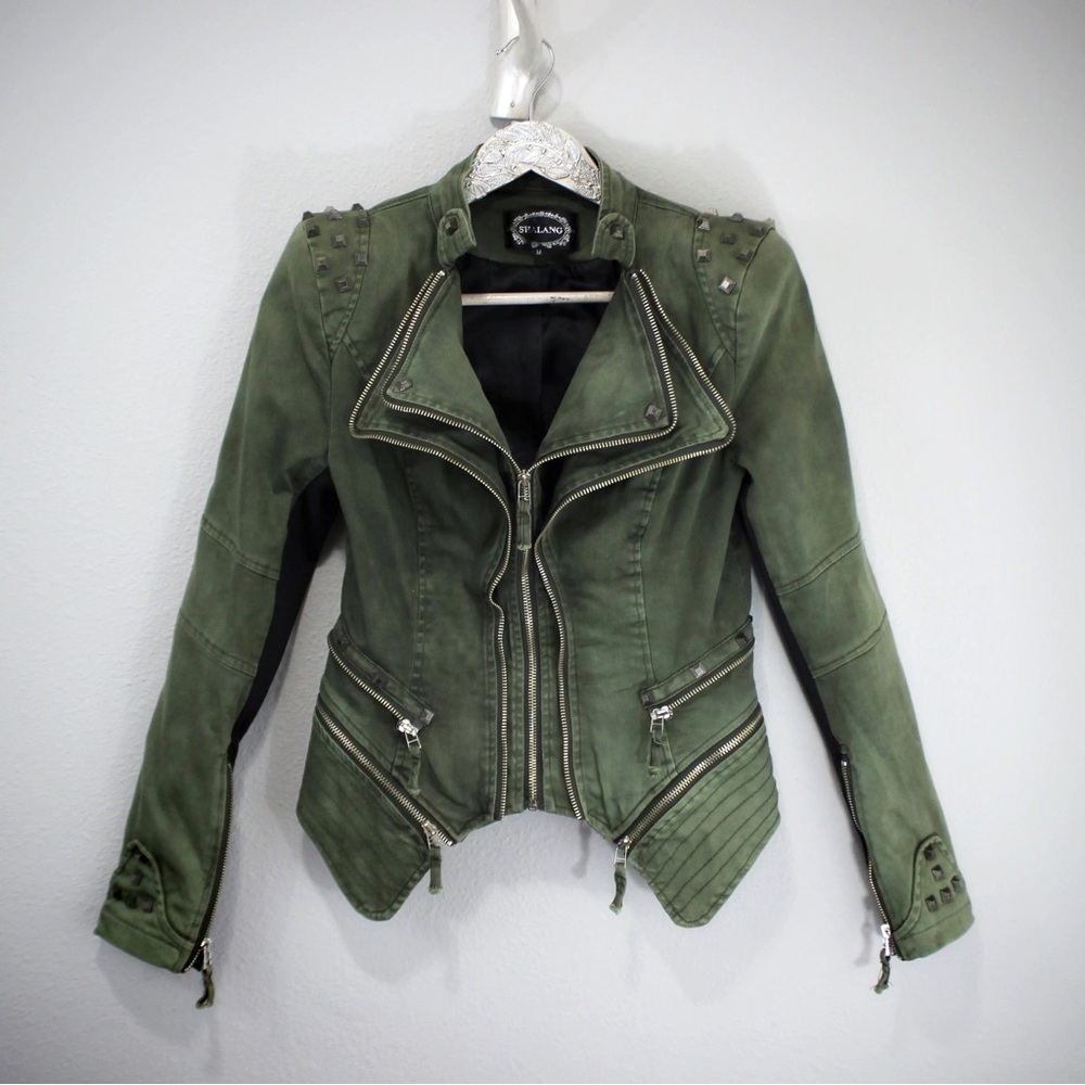 Olive camo green military studded multi zip jacket - Picture 1 of 11